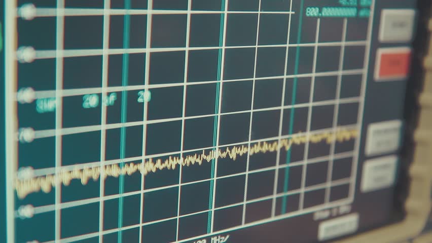 Hand held close up shot of spectrum analyzer screen with megahertz decibels and other readings | Shutterstock HD Video #1106111065
