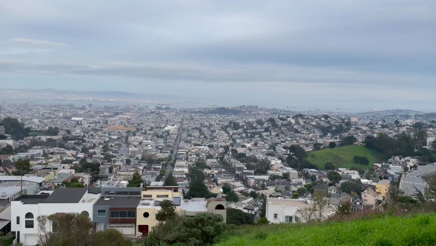View of San Francisco City Skyline From Tank Hill near Twin Peaks in San Francisco CA