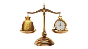 Money and time balance on fairness scale. An ornate brass justice scale showing compare time and money concept. 4K video motion graphic animation.