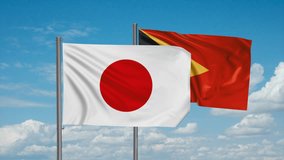 East Timor and Japan flag waving together in the wind on blue sky, cycle looped video, two country cooperation concept