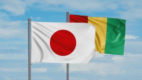 Republic of Guinea flag and Japan flag waving together on blue sky, looped video, two country cooperation concept