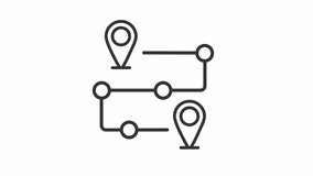 Route animated icon. Gps navigation line animation. Location marker. Supply chain. Customer journey. Black illustration on white background. HD video with alpha channel. Motion graphic