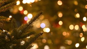 New year Christmas tree branch at yellow flickering lights of garlands copy space background, merry christmas and happy new year mood at twinkling lights of street decorations, close up view to lights - Powered by Shutterstock - Get 15% off with code: PIKWIZARD15