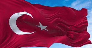 Türkiye (Turkey) national flag waving on a clear day, seamless animation and slow motion perfect loop, fluttering fabric, close up view, 4K video