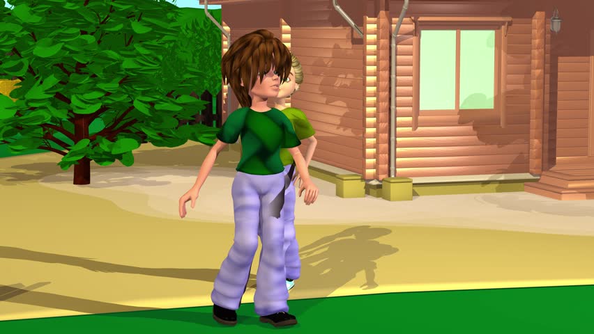 3d animation, two cartoons characters walking and looking up near a wooden house on the forest