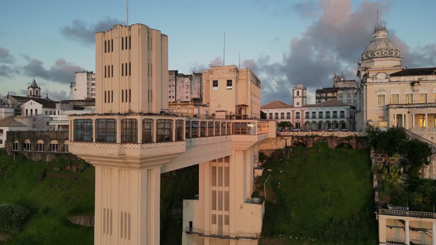 Beautiful view to historic buildings and Lacerda Elevator in Salvador, capital city of Bahia State, Brazil