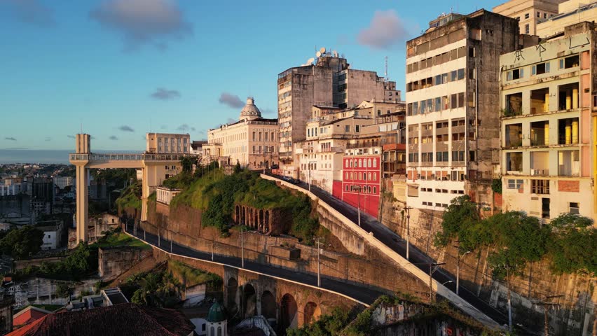 Beautiful view to historic buildings and Lacerda Elevator in Salvador, capital city of Bahia State, Brazil
