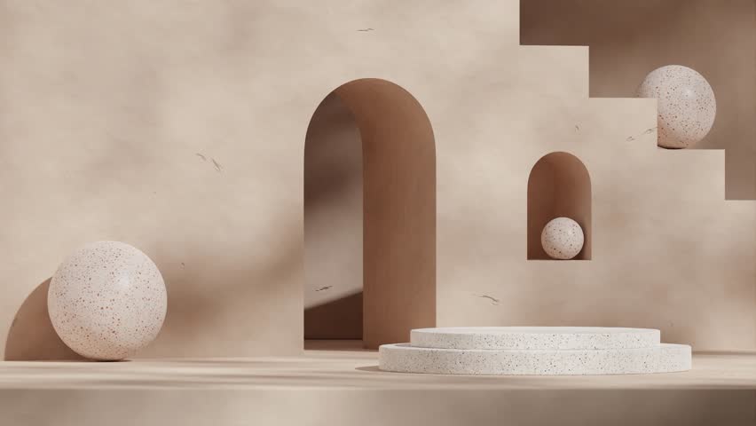 looping seamless shadow animation with brown textured wall and stairs, rendering 3d footage template mockup of terrazzo pattern cylinder podium