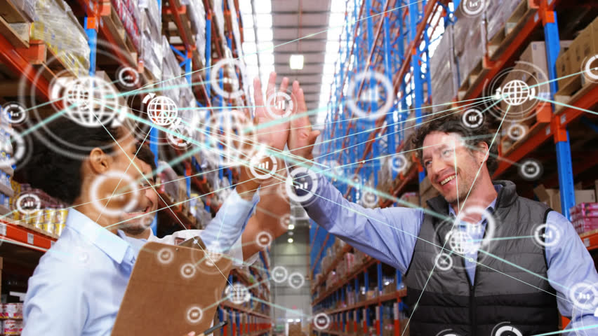 Animation of network of digital icons over team of diverse supervisors high fiving at warehouse. Global networking and logistics business technology concept - Powered by Shutterstock - Get 15% off with code: PIKWIZARD15