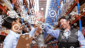 Animation of network of digital icons over team of diverse supervisors high fiving at warehouse. Global networking and logistics business technology concept - Powered by Shutterstock - Get 15% off with code: PIKWIZARD15