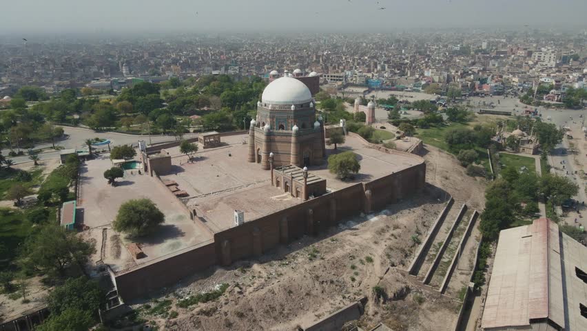 Aerial view of the Tomb of Hazrat Shah Rukn-e-Alam in Multan City in Punjab, Pakistan