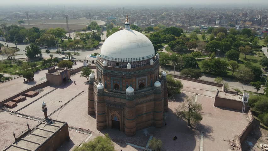 Aerial view of the Tomb of Hazrat Shah Rukn-e-Alam in Multan City in Punjab, Pakistan