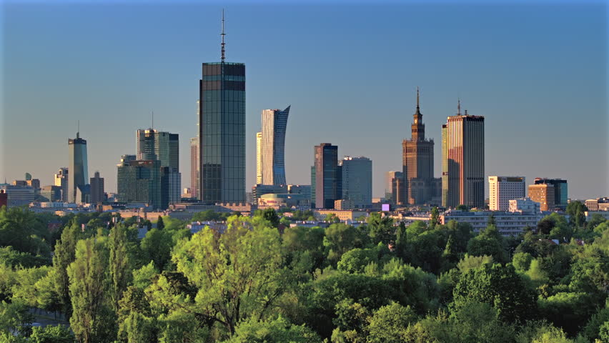 Aerial, drone panorama of Warsaw city during sunset. View from Pole Mokotowskie Park  Royalty-Free Stock Footage #1106135077