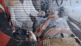 Animation of infographic interface, trading board, caucasian doctor checking injured patient. Digital composite, multiple exposure, stock market, emergency, report, business and healthcare concept. - Powered by Shutterstock - Get 15% off with code: PIKWIZARD15