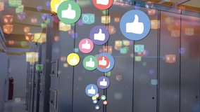 Animation of like icons floating over digital icons against computer server room. Computer interface and business data storage technology concept - Powered by Shutterstock - Get 15% off with code: PIKWIZARD15