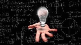 Animation of mathematical equations against brain inside a electric bulb over cupped hand. Medical research and science technology concept - Powered by Shutterstock - Get 15% off with code: PIKWIZARD15
