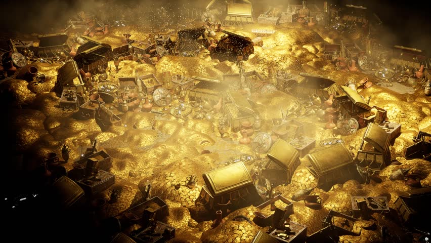 A huge ancient treasure with gold coins, gold artifacts, chests full of coins, gems and other valuable items, with dust particles, 3D animation camera zoom in Royalty-Free Stock Footage #1106137585