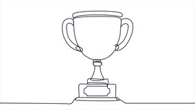 Animation in continuous line style. Moving outline art with trophy cup or goblet. Award for winners in sports competition. Success and victory. Linear graphic animated cartoon on white background