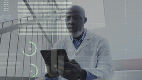 Animation of statistical data processing over african american male doctor using tablet at hospital. Medical healthcare technology concept - Powered by Shutterstock - Get 15% off with code: PIKWIZARD15