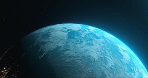Cinematic blue Earth view from space, motion graphics video shows the Earth rotating and golden particles appearing on its surface representing city lights in night time. Planet Earth concept.