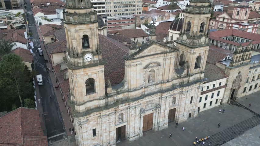 aerial view of Bogota cathedral in historical downtown Catedral Primada de Colombia drone Royalty-Free Stock Footage #1106144363