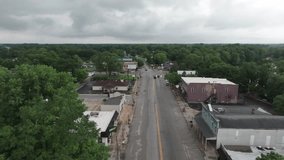 Downtown Bristol, Indiana with drone video pulling back.