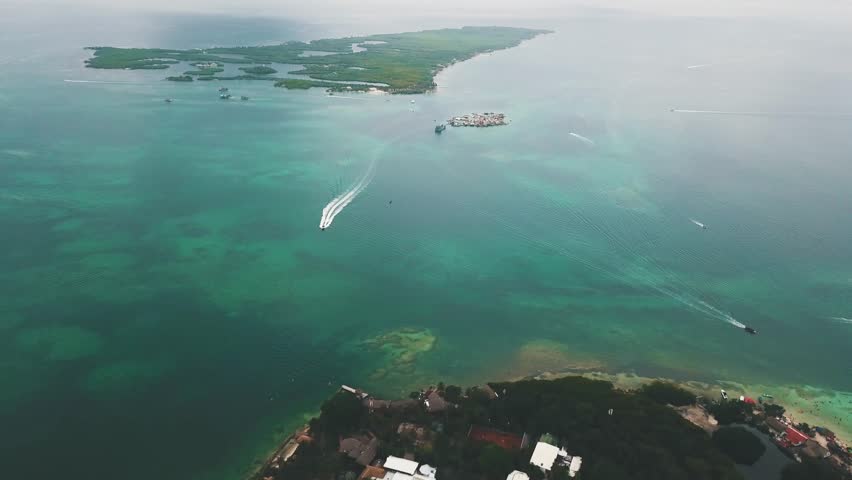 Aerial view over the Caribbean Sea in the San Bernardo Archipelago, Isla Múcura - Colombia.
