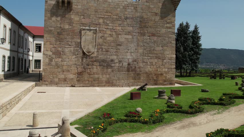 Aerial view of the Chaves castle tower and gardens in Portugal, Europe
