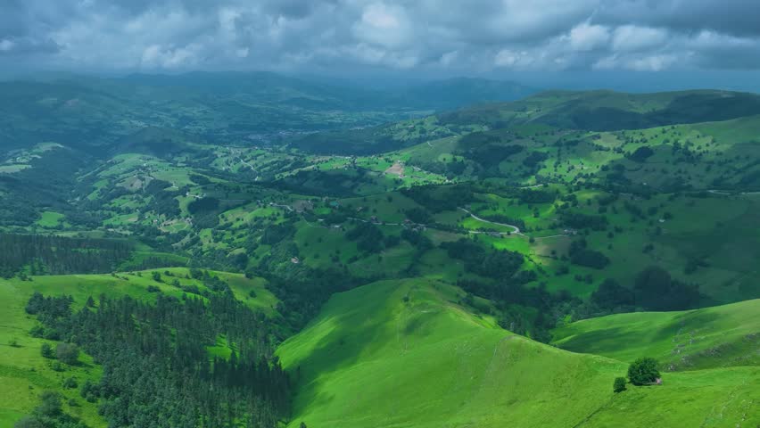 Aerial view from a drone. Spring landscape in the Picones de Sopeña, in the surroundings of the village of San Roque de Riomiera. Valleys Pasiegos, Cantabria, Spain, Europe