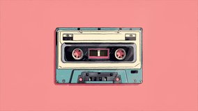 Audio casette tape playing, cartoon style, vintage 80s or 90s concept. ProRes, animation.