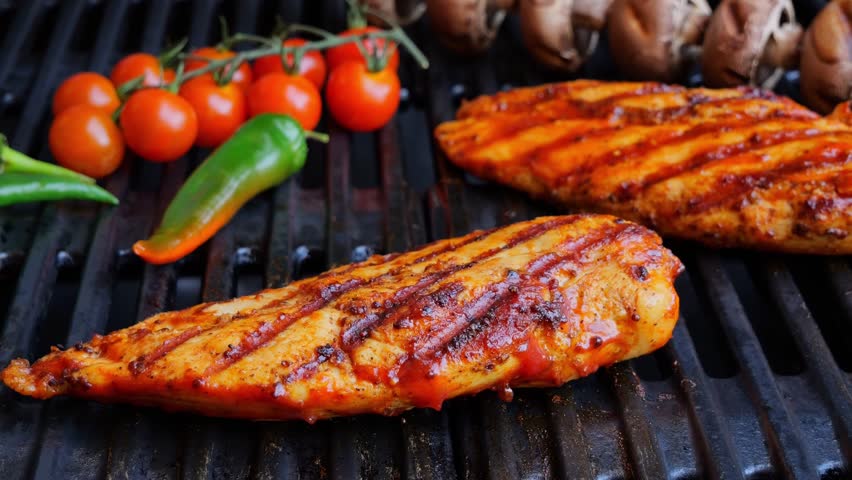 Cooking juicy chicken breast on the barbecue grill.Turn over. Close up Royalty-Free Stock Footage #1106153491