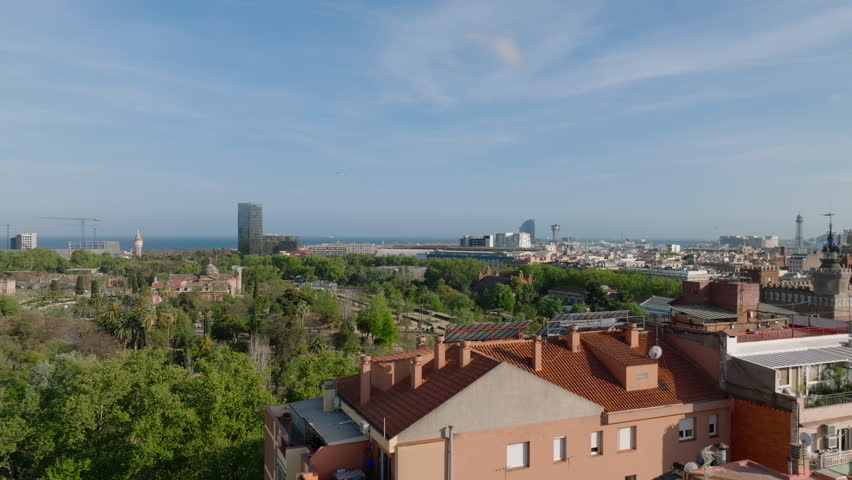 Tilt down footage of people relaxing in town park. Parc de la Ciutadella with trees and green vegetation. Barcelona, Spain