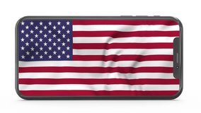 Waving flag of USA on a mobile phone screen. 3d animation in 4k resolution video.