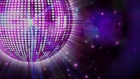 Animation of disco mirror ball spinning on black background. Disco, dancing and entertainment concept digitally generated video.