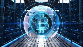 Bitcoin Icon Moving Through Rack Servers in Data Center. Concept of Bitcoin and blockchain. Electronic cryptocurrency and modern technology. Online banking, financial communications. 3D Illustration - Powered by Shutterstock - Get 15% off with code: PIKWIZARD15