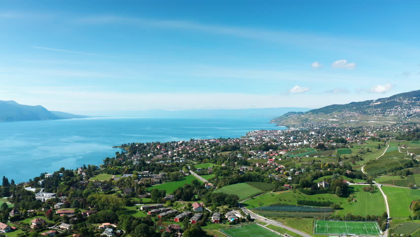 Aerial flight over Montreux City. View to Lake of Geneva and Swiss mountains. Alps Switzerland.Type 2