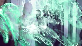 Animation of dots forming dynamic wave pattern over diverse coworkers talking and walking in office. Digital composite, multiple exposure, business, data, connection, futuristic and technology. - Powered by Shutterstock - Get 15% off with code: PIKWIZARD15
