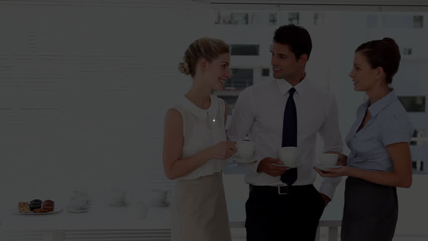 Animation of digital clock over caucasian coworkers having tea and talking during break in office. Digital composite, multiple exposure, business, beverages, discussion, time and technology concept.