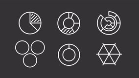 Animated circular charts white icons. Data analytics line animation. Market research. Annual report. Loop HD video with alpha channel, transparent background. Motion graphic design for night mode
