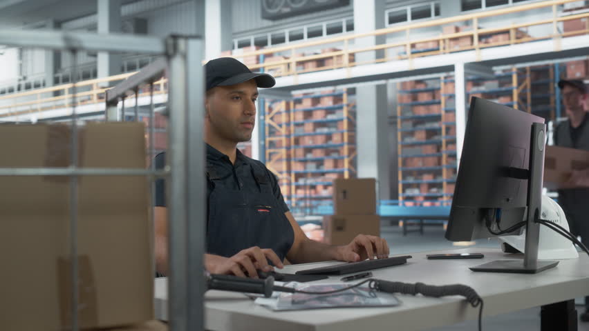 Multiethnic Male Manager Checking Inventory On Desktop Computer In Modern Warehouse Facility With Conveyor Belt. Sorting Center Employees Carrying Boxes To Package Goods And Deliver To Clients. Royalty-Free Stock Footage #1106175381