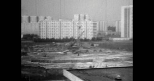Residential buildings architecture panorama in urban district. Apartment building in city street. Real estate development. Archival vintage black white film. Old retro archive. 1980s Moscow, Russia