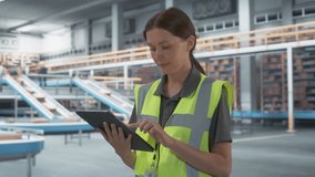 Close Up Of Caucasian Female Manager Using Tablet and Walking In Warehouse With Automated Conveyor Belt. Woman Working With Orders Of Online Marketplace Customers In Modern Distribution Center. - Powered by Shutterstock - Get 15% off with code: PIKWIZARD15