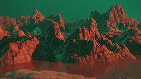 Strange alien planet covered with red rocky landscape and water. Flying over the surface. Planetary landscape. Space exploration. Loop, looping drone video. Terraformed mars. Space travel.