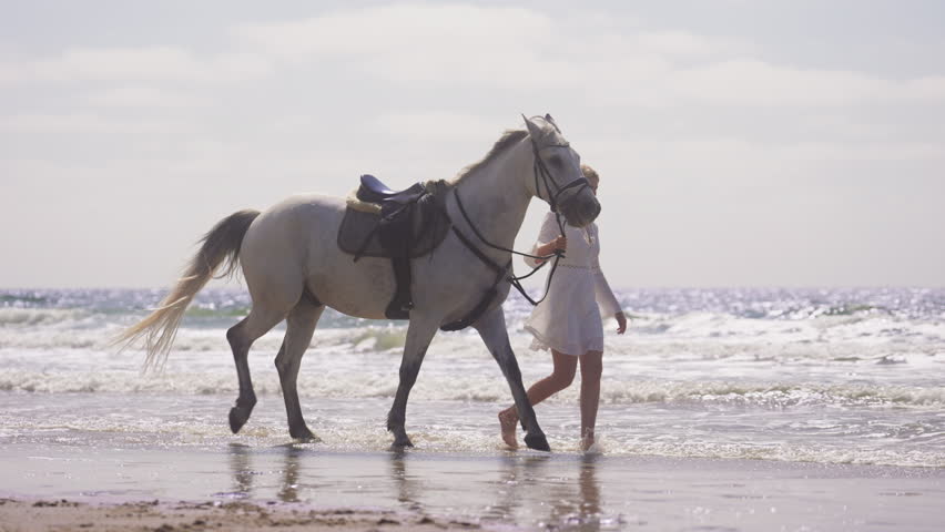 A wide shot of a girl wearing a white dress, walking barefoot with her horse at the beach during a sunny day