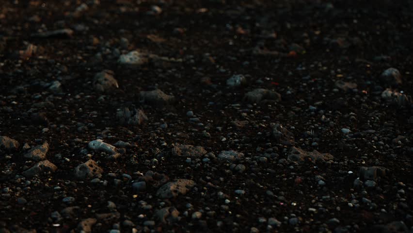Black Icelandic ash soil with Basalt. Close up of detail dark ground with small stones and volcanic burned soil fragments in 4K. Royalty-Free Stock Footage #1106183609
