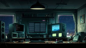 Cozy workspace in a high rise apartment with many screens running code on a snowy night. Loop Animation Video For LoFi Music and Live Wallpaper