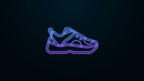 Glowing neon line Fitness sneakers shoes for training, running icon isolated on black background. Sport shoes. 4K Video motion graphic animation .