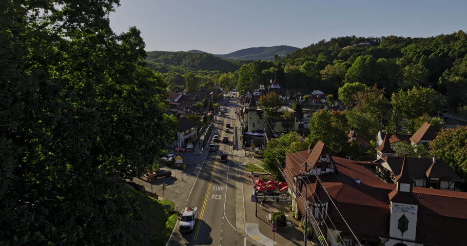 Helen Georgia Aerial v9 drone flyover Bavarian-style town captures the enchanting cultural essence of Bavaria with its timbered details and steep-pitched roofs - Shot with Mavic 3 Cine - October 2022