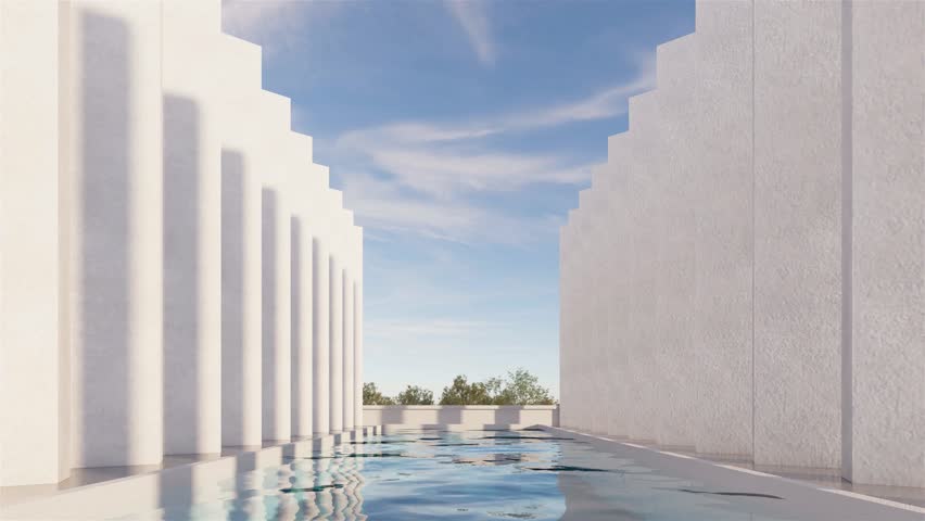 Pillar architecture and natural cloud display background,pool with calm water, with time-lapse, illustration 3d rendering Royalty-Free Stock Footage #1106194583