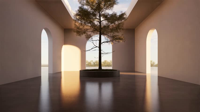 Indoor tree architecture with natural cloud view arches and background, natural floor, with time-lapse, illustration 3d rendering Royalty-Free Stock Footage #1106194759